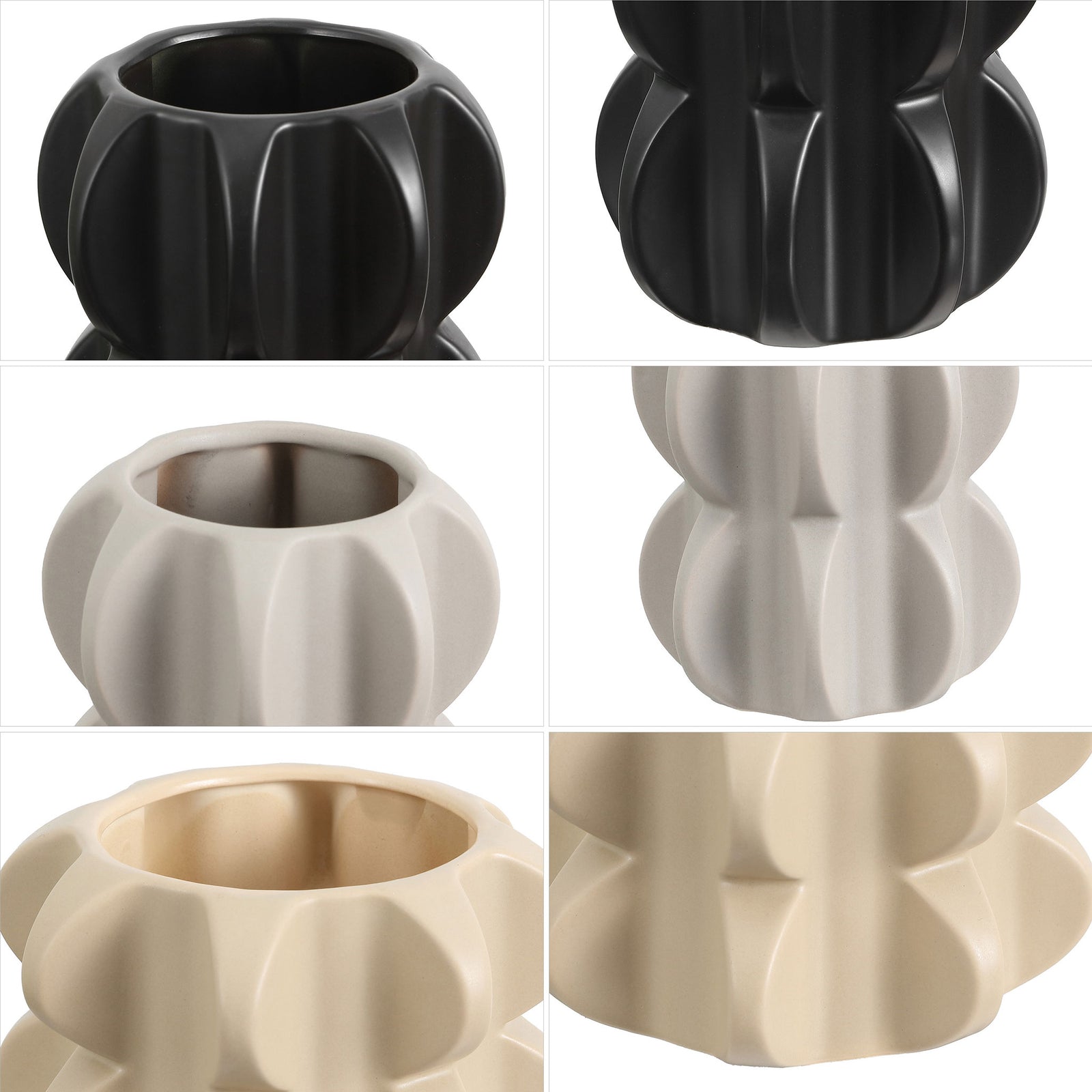 Rounded openings and flowing ridges reveal the black, gray, and sand ceramic finishes. || RDC4048A-SET3 || detail_studio