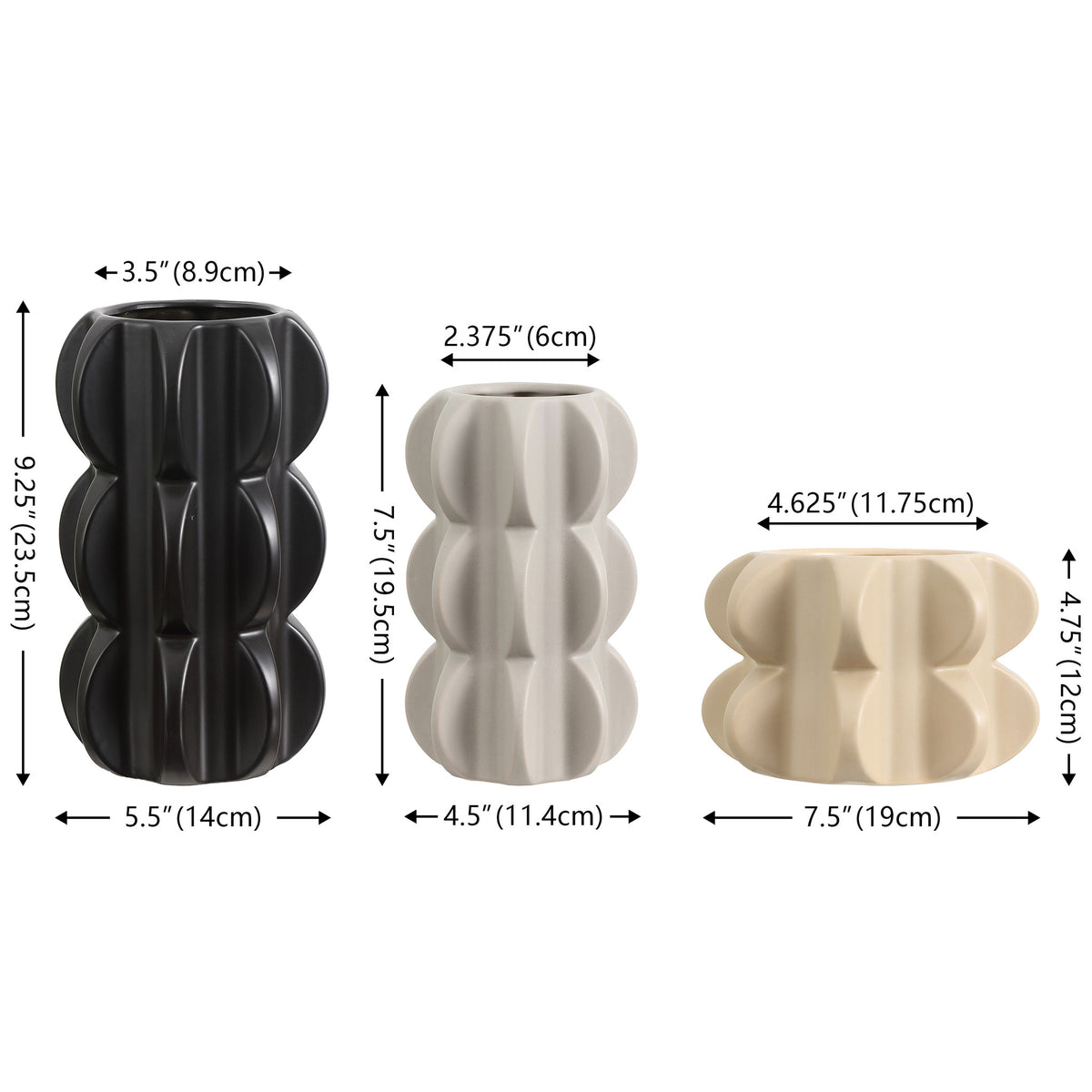 Three sculptural ceramic vases in black, gray, and sand measure 9.25, 7.5, and 4.75 inches tall. || RDC4048A-SET3 || dimension_studio
