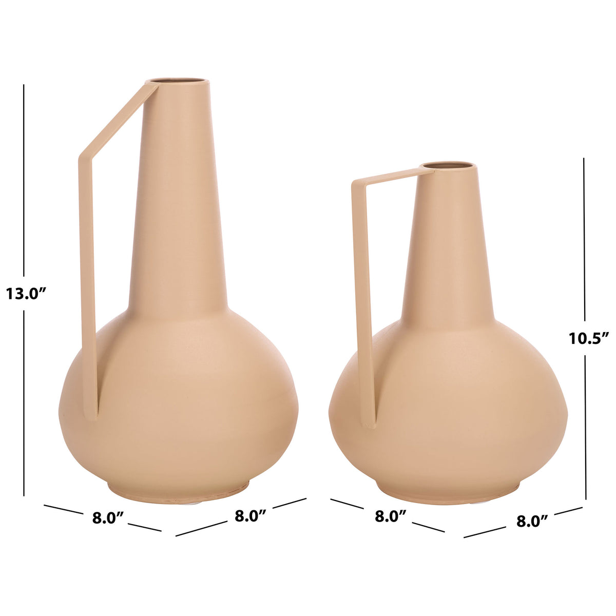 Two beige iron vases pair rounded bases with 13-inch and 10.5-inch heights. || RDC4049A-SET2 || dimension_studio