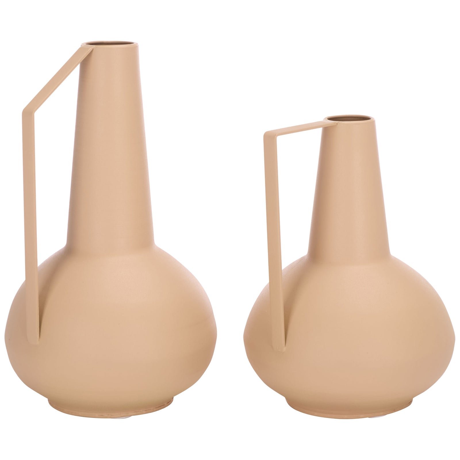 Two beige iron vases combine rounded bodies, tapered necks, and angular handles. || RDC4049A-SET2 || front_studio