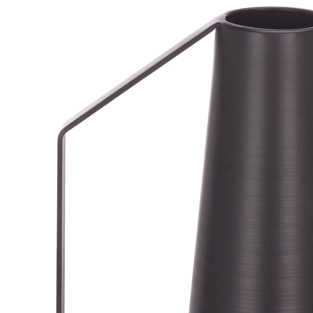 Satin black iron vase with a tall tapered neck and slender angular handle