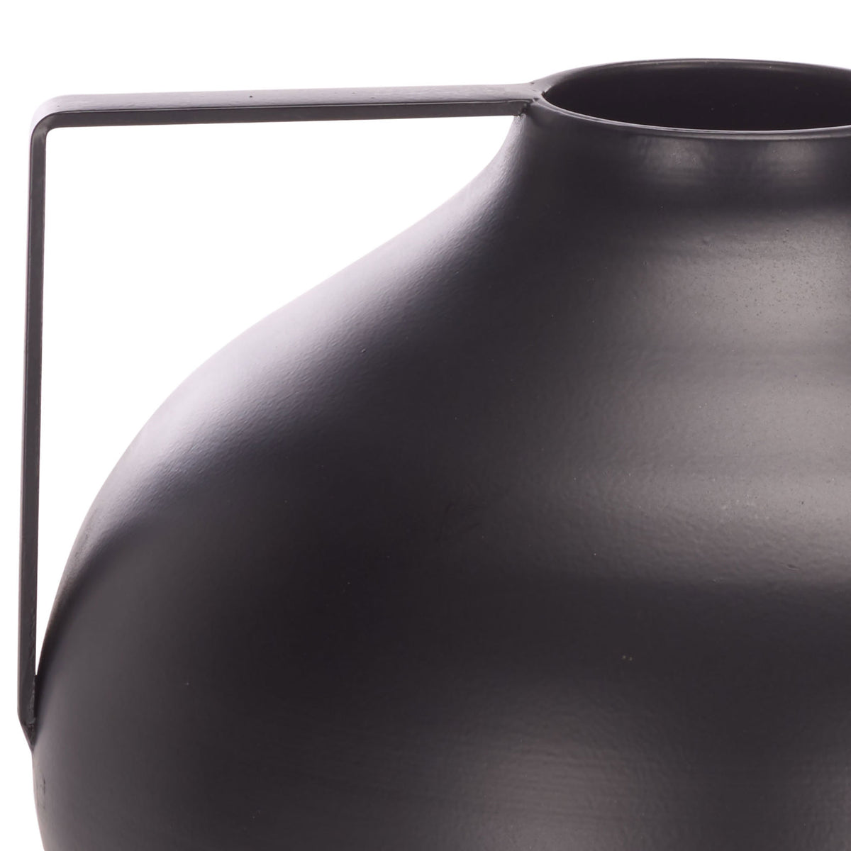 Rounded black iron vase with a curved shoulder and slender geometric handle