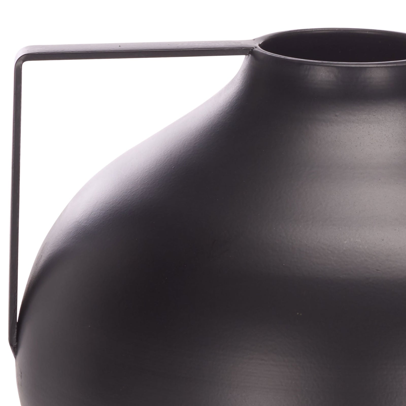 Rounded black iron vase with a curved shoulder and slender geometric handle || RDC4050A-SET2 || detail_studio