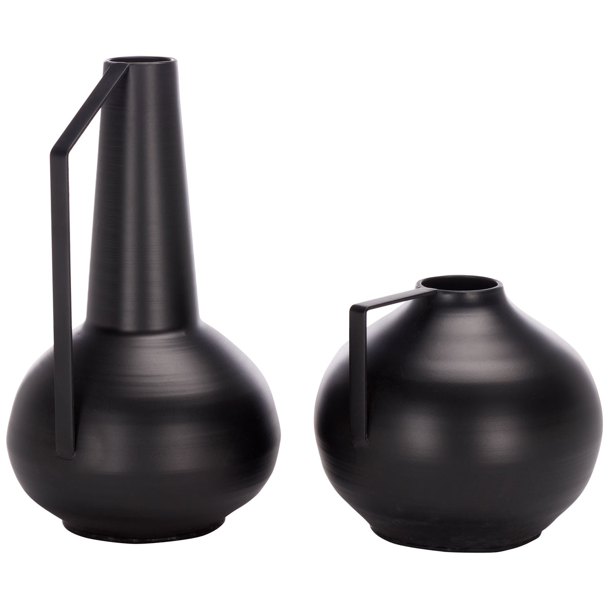 Tall and rounded iron vases in satin black pair sculptural shapes with angular handles || RDC4050A-SET2 || front_studio