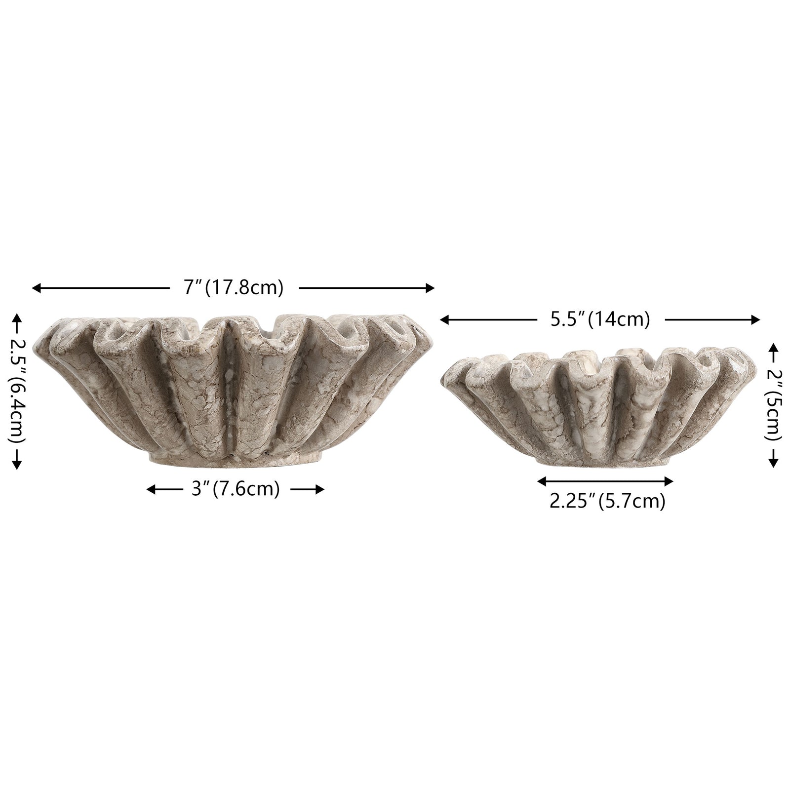 A 7-inch bowl and a 5.5-inch bowl pair low profiles with sculptural ruffled edges and stone-like texture. || RDC4052A-SET2 || dimension_studio
