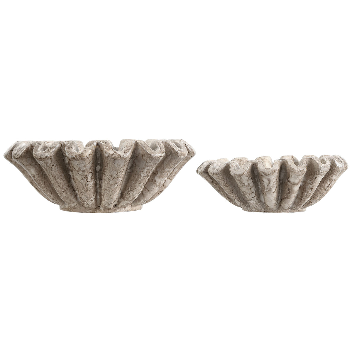 Two beige and gray resin bowls feature flared pleats, wavy rims and a weathered stone-inspired finish. || RDC4052A-SET2 || front_studio