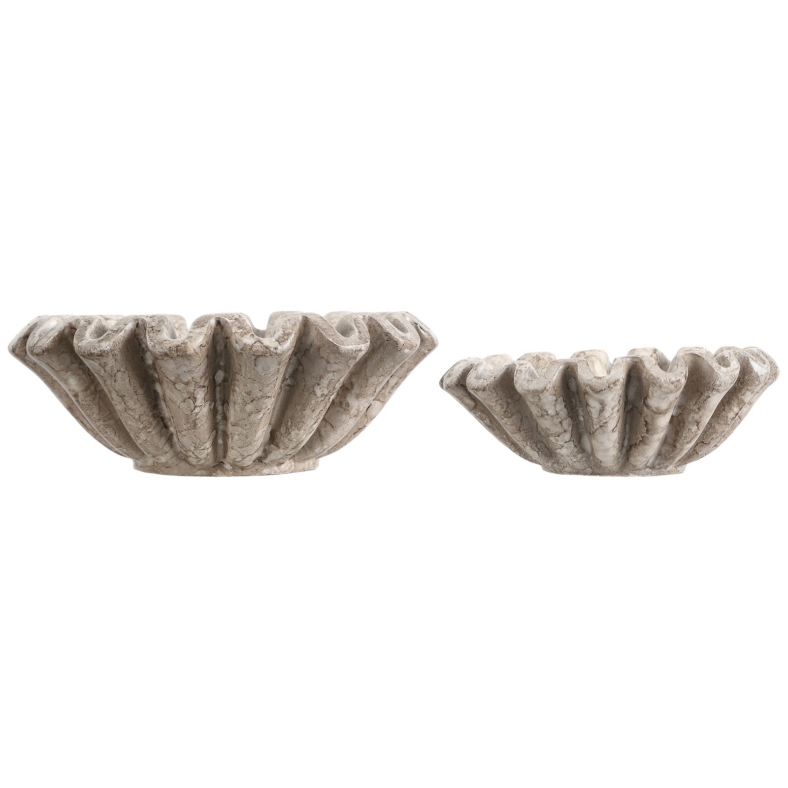 Two beige and gray resin bowls feature flared pleats, wavy rims and a weathered stone-inspired finish. || RDC4052A-SET2 || front_studio