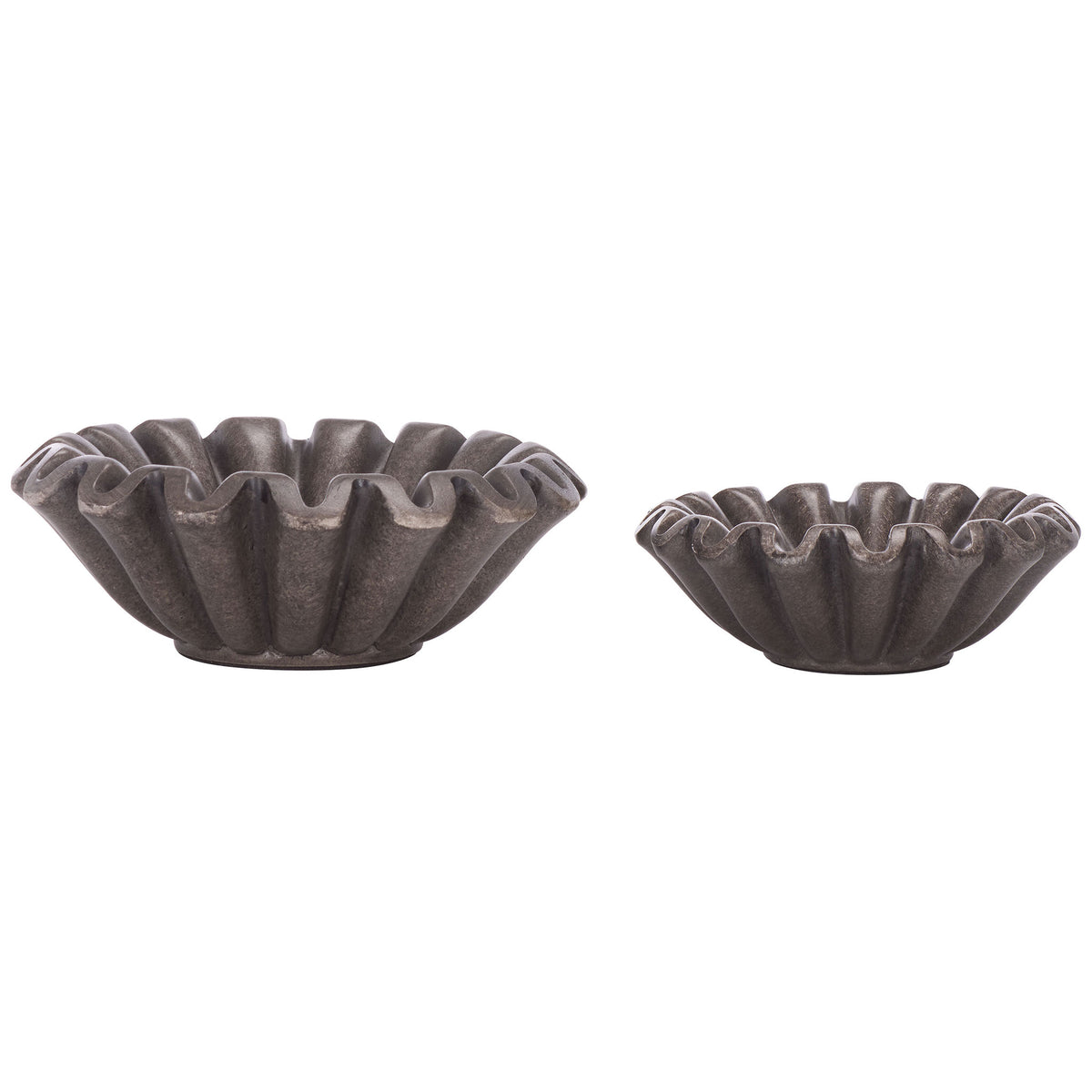 Two charcoal resin bowls combine sculptural fluting with ruffled rims and a matte stone-like finish. || RDC4052B-SET2 || front_studio