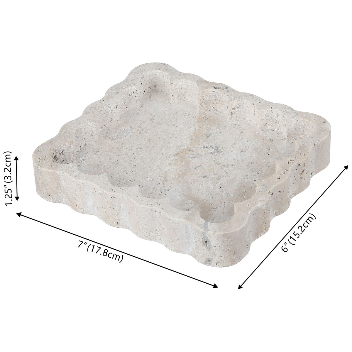 Scalloped marble catchall measures 7 by 6 by 1.25 inches, offering a compact spot for small essentials. || RDC4053A || dimension_studio