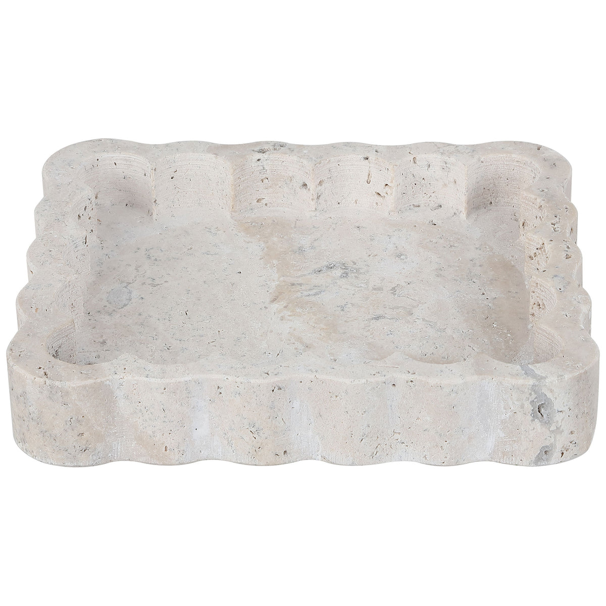 Shallow greige marble catchall with a scalloped rim and softly mottled stone finish. || RDC4053A || front_studio