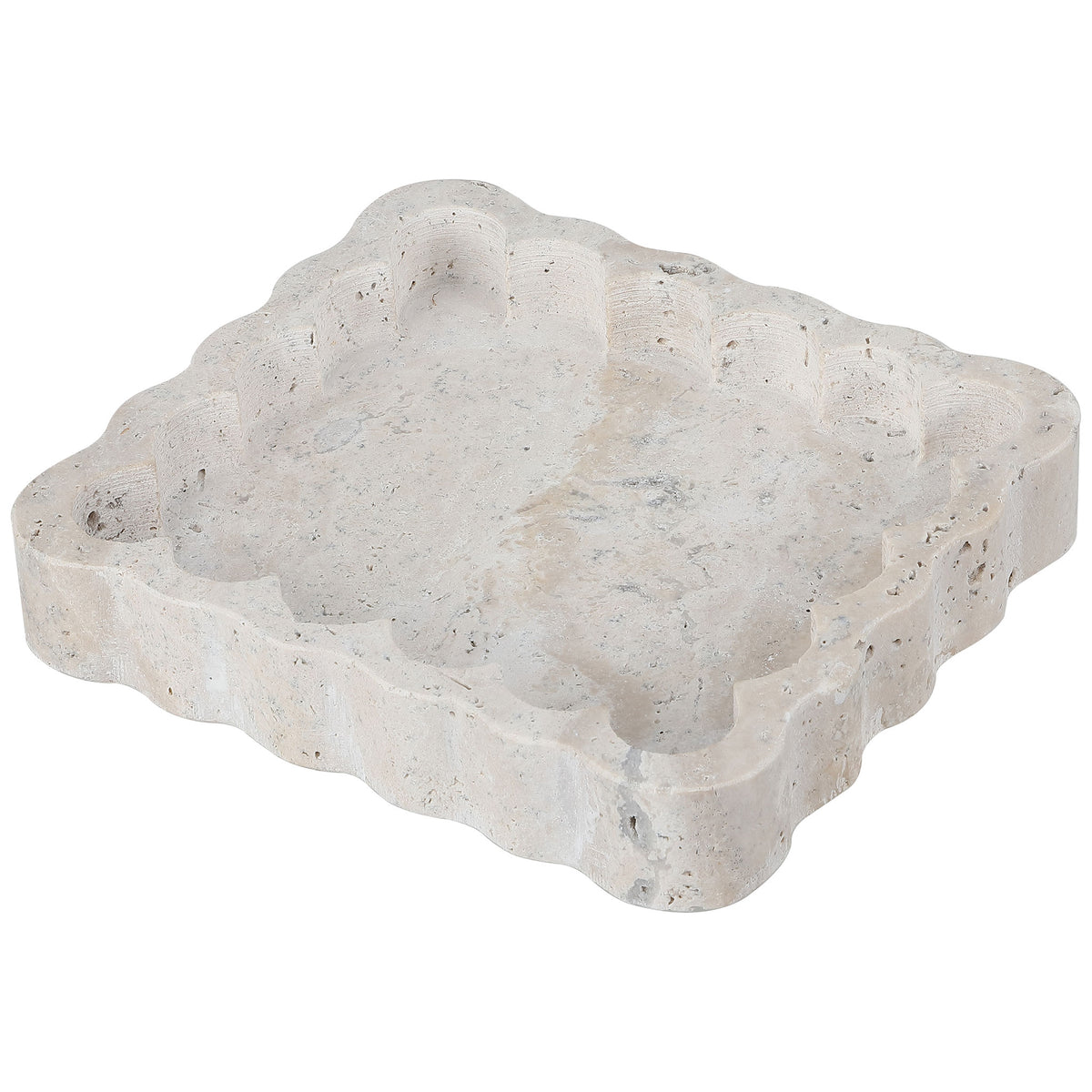 Honed marble catchall features an open basin and rounded scalloped edges for keys and keepsakes. || RDC4053A || front_angle_studio