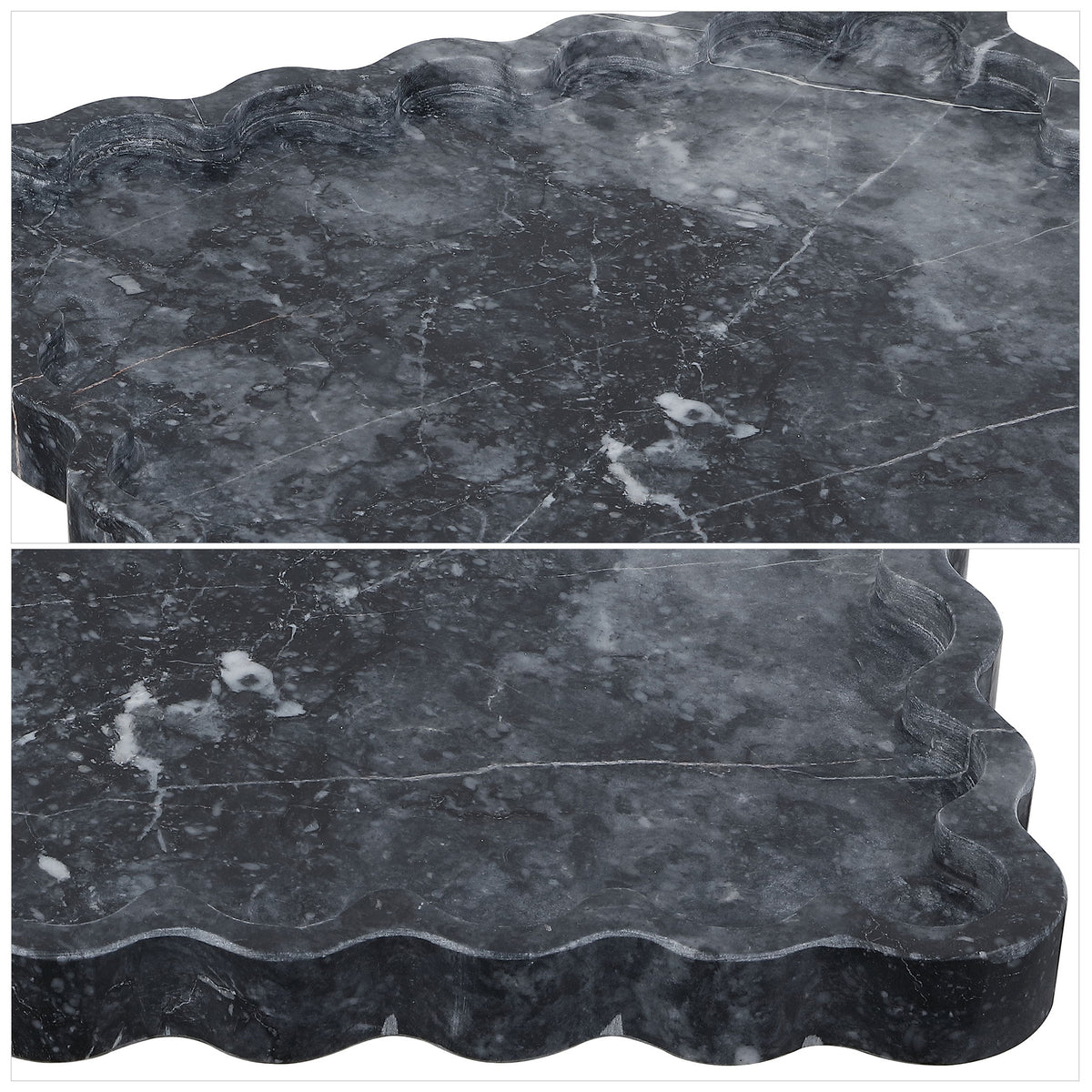 Charcoal marble displays white veining and a layered, scalloped rim. || RDC4054A || detail_studio