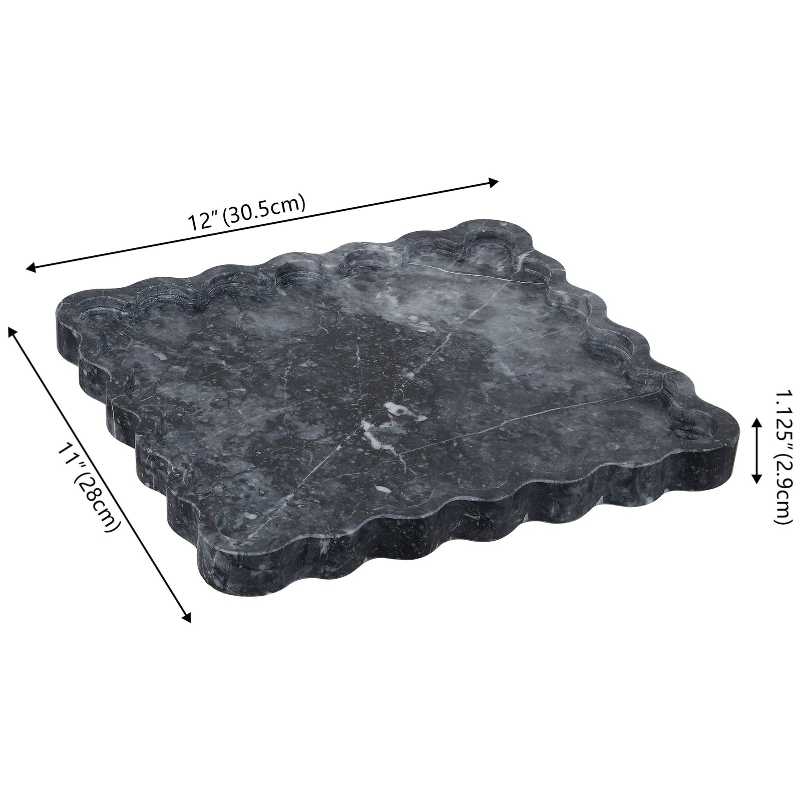 Scalloped charcoal marble tray spans 12 by 11 inches and rises 1.125 inches high. || RDC4054A || dimension_studio