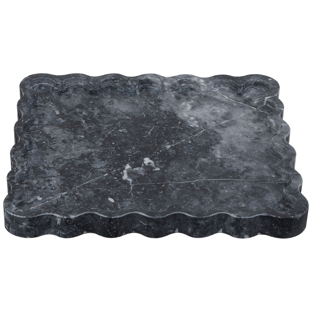 Low-profile charcoal marble tray pairs pale veining with a gently scalloped square rim. || RDC4054A || front_studio