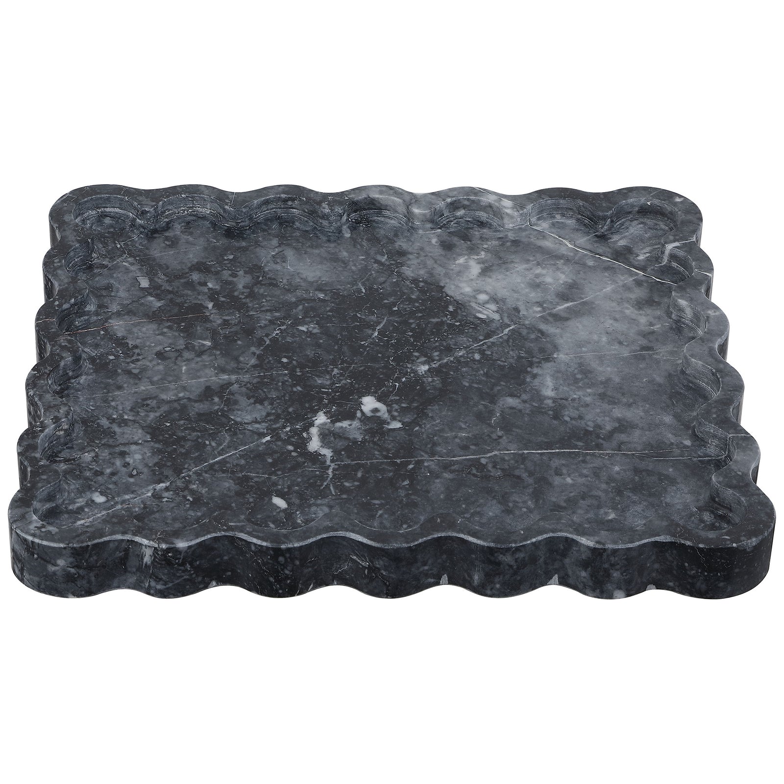 Low-profile charcoal marble tray pairs pale veining with a gently scalloped square rim. || RDC4054A || front_studio