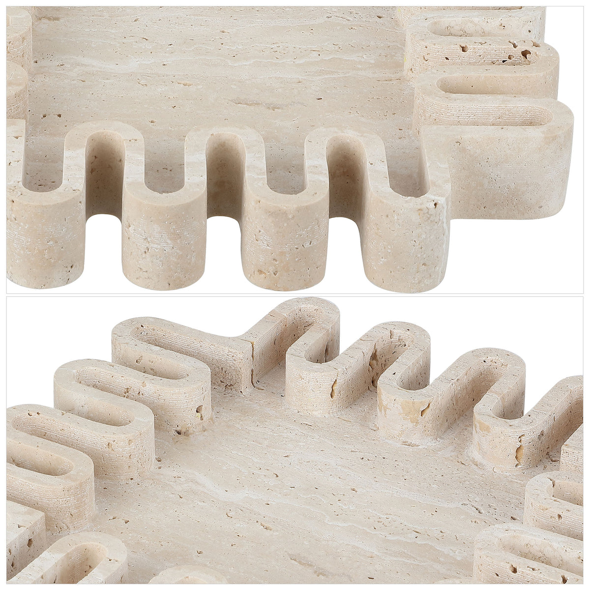 Natural pores and soft tan variations highlight the tray's rounded, notched travertine rim.