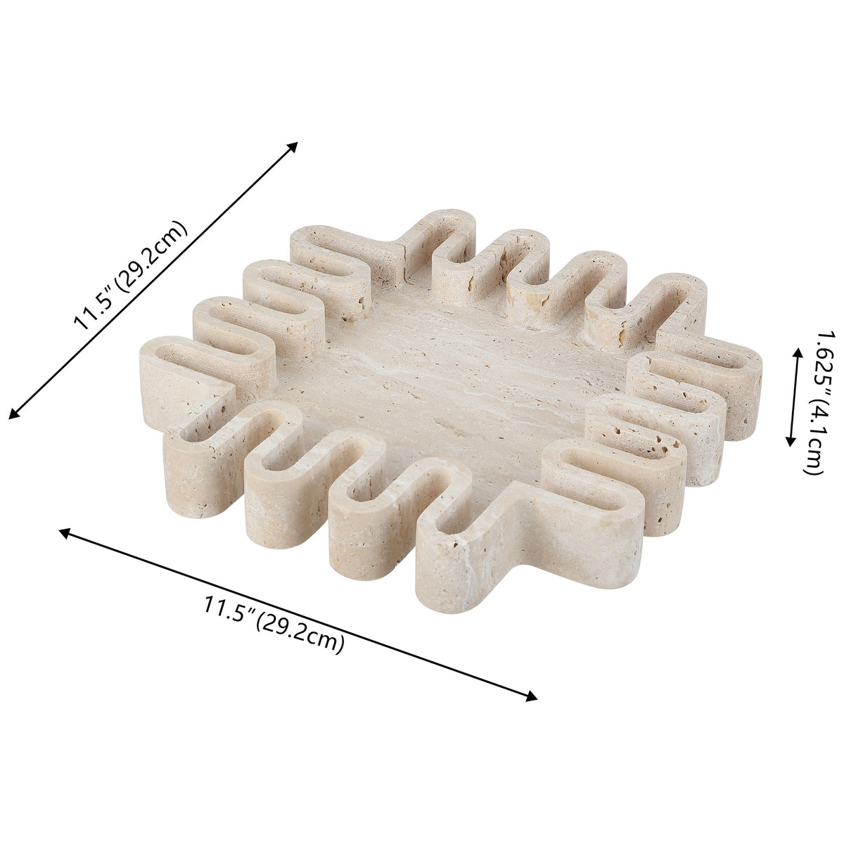 Sculpted travertine tray measures 11.5 inches square and 1.625 inches high.