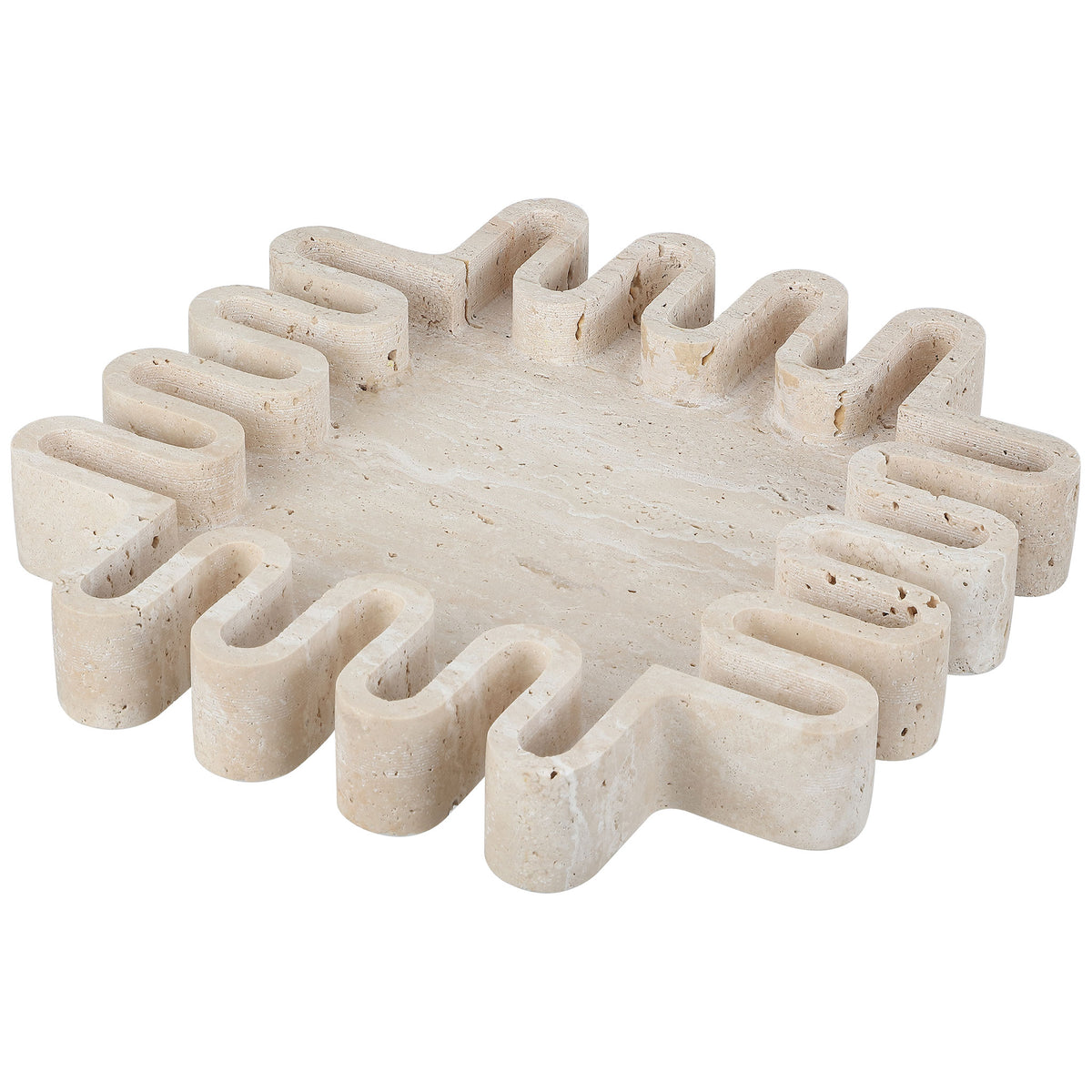 Creamy tan travertine tray combines a broad, shallow center with softly rounded geometric edges. || RDC4055A || front_angle_studio