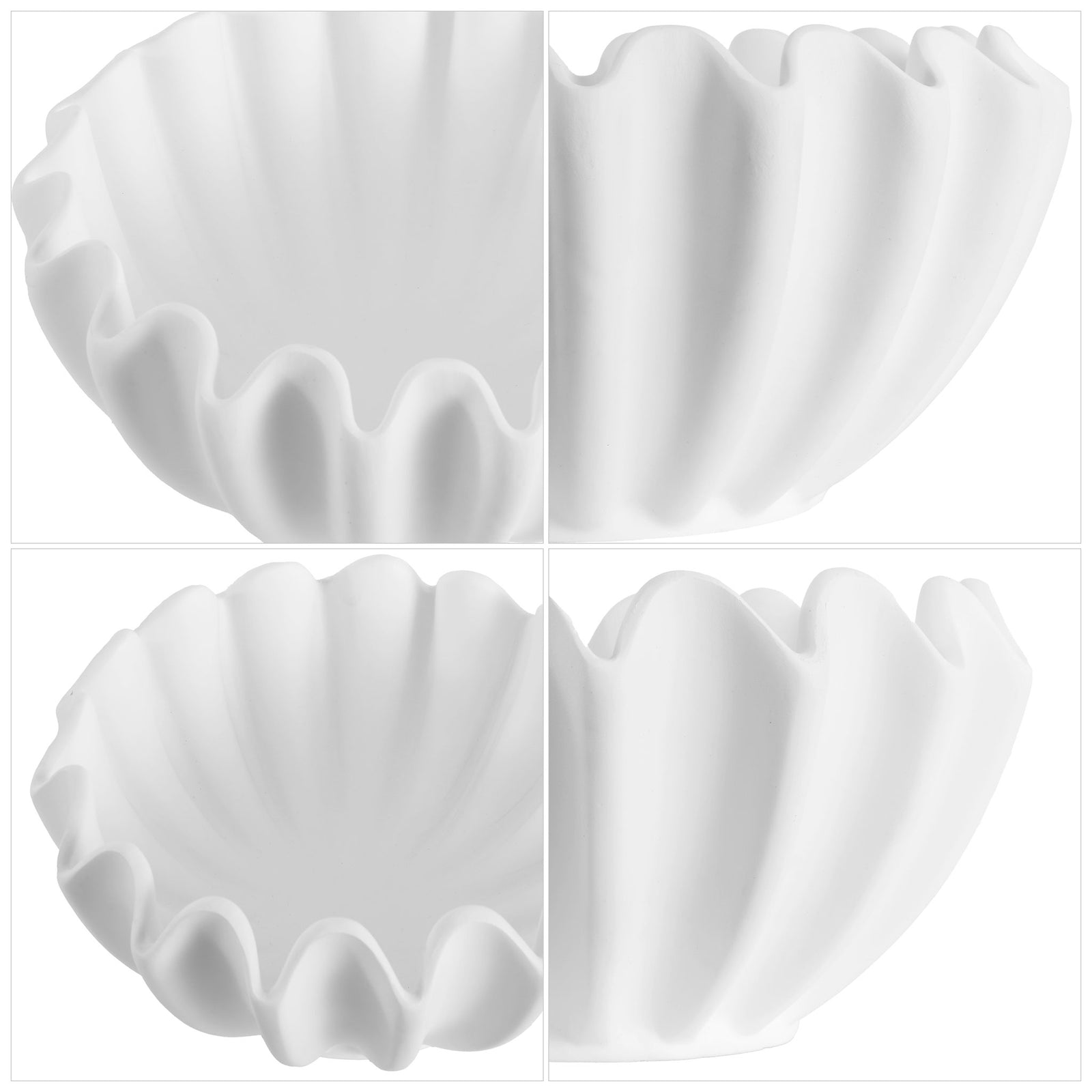Flowing pleats and scalloped edges give each white bowl a soft, sculptural silhouette. || RDC4056A-SET2 || detail_studio