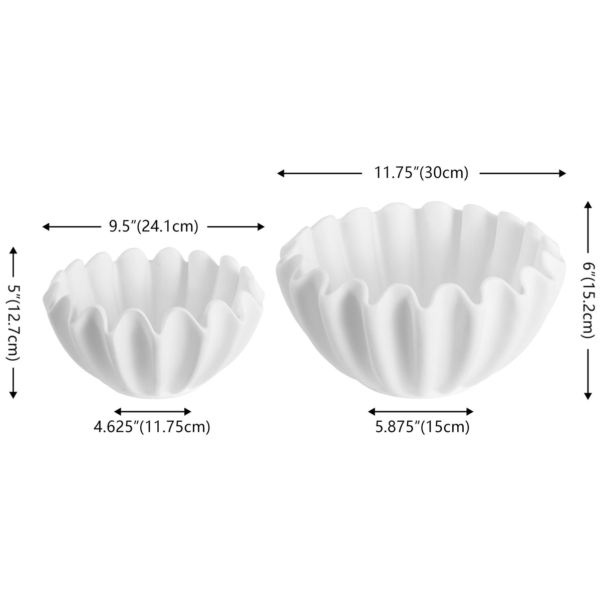 The two white ruffled bowls measure 9.5 and 11.75 inches wide for a layered display.