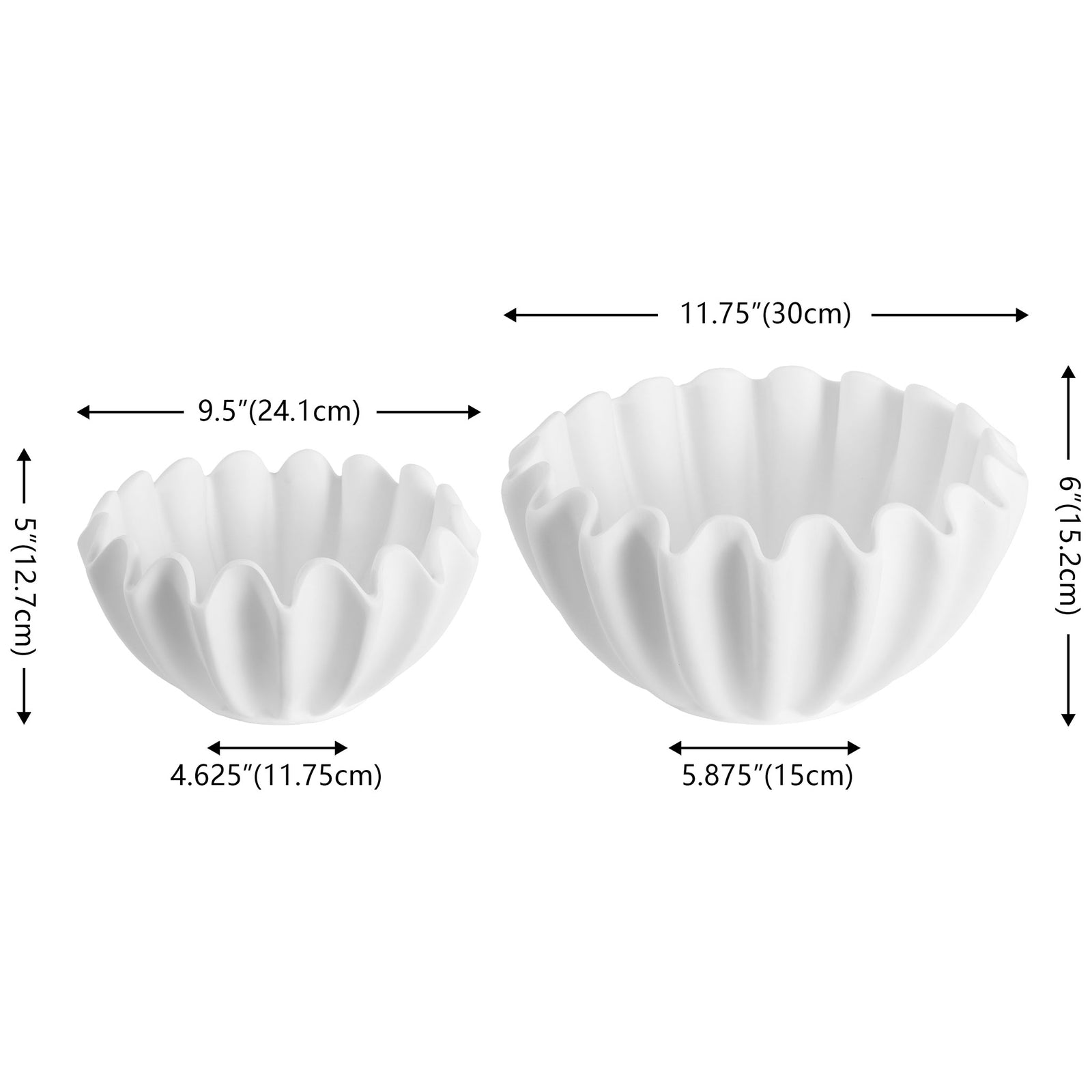 The two white ruffled bowls measure 9.5 and 11.75 inches wide for a layered display. || RDC4056A-SET2 || dimension_studio