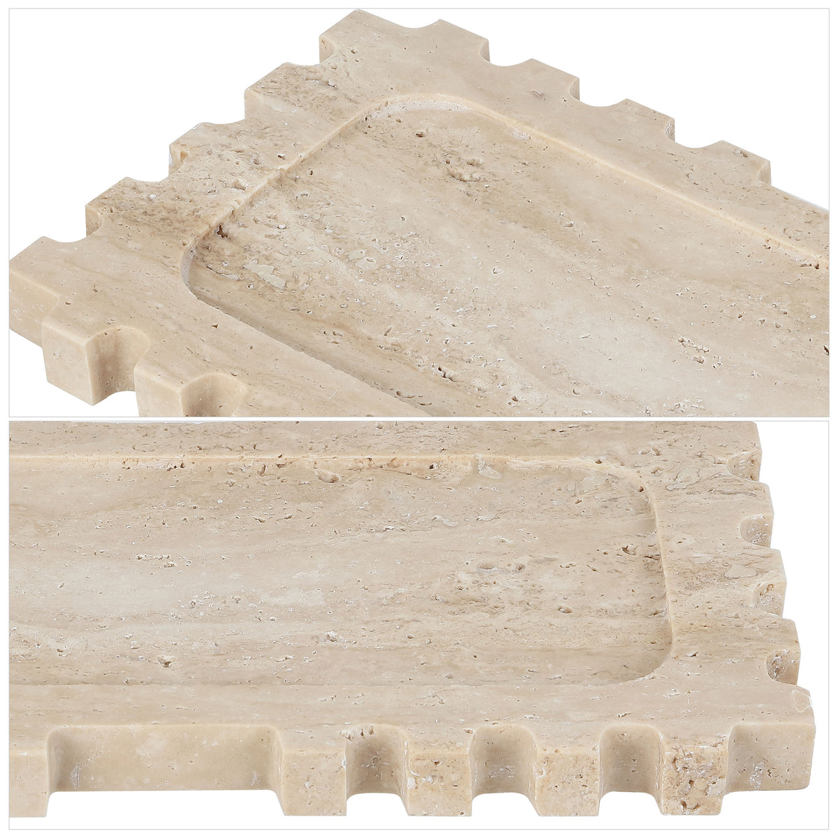 Natural pores and soft beige striations add character to the travertine tray's notched rim. || RDC4057A || detail_studio