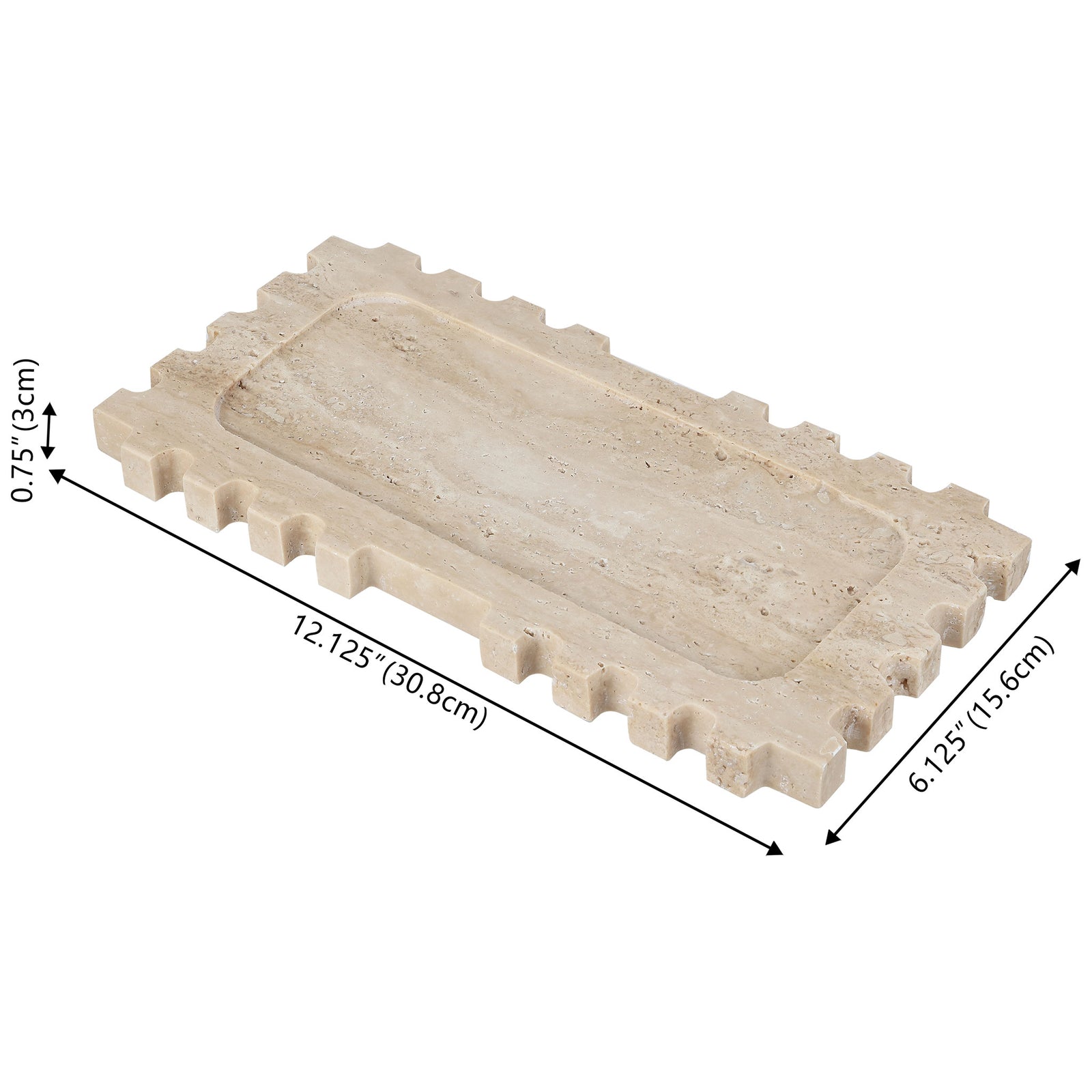 This slender travertine tray measures 12.125 by 6.125 by 0.75 inches and features a sculpted rim. || RDC4057A || dimension_studio