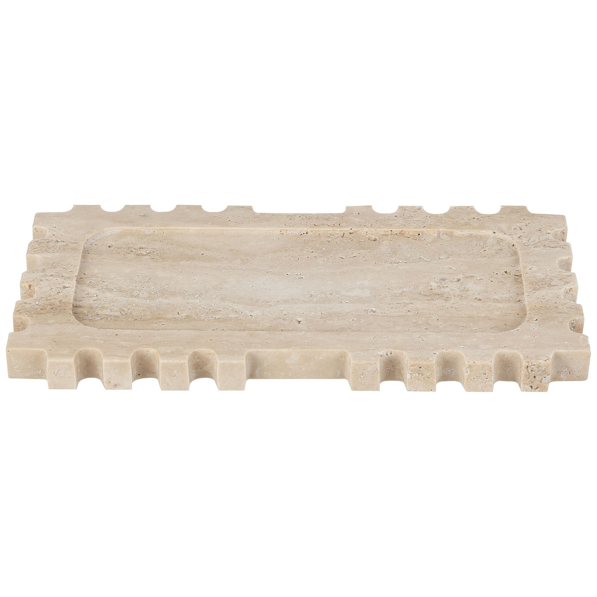 A shallow recessed surface and rhythmic notches give this tan travertine tray a sculptural look. || RDC4057A || front_studio
