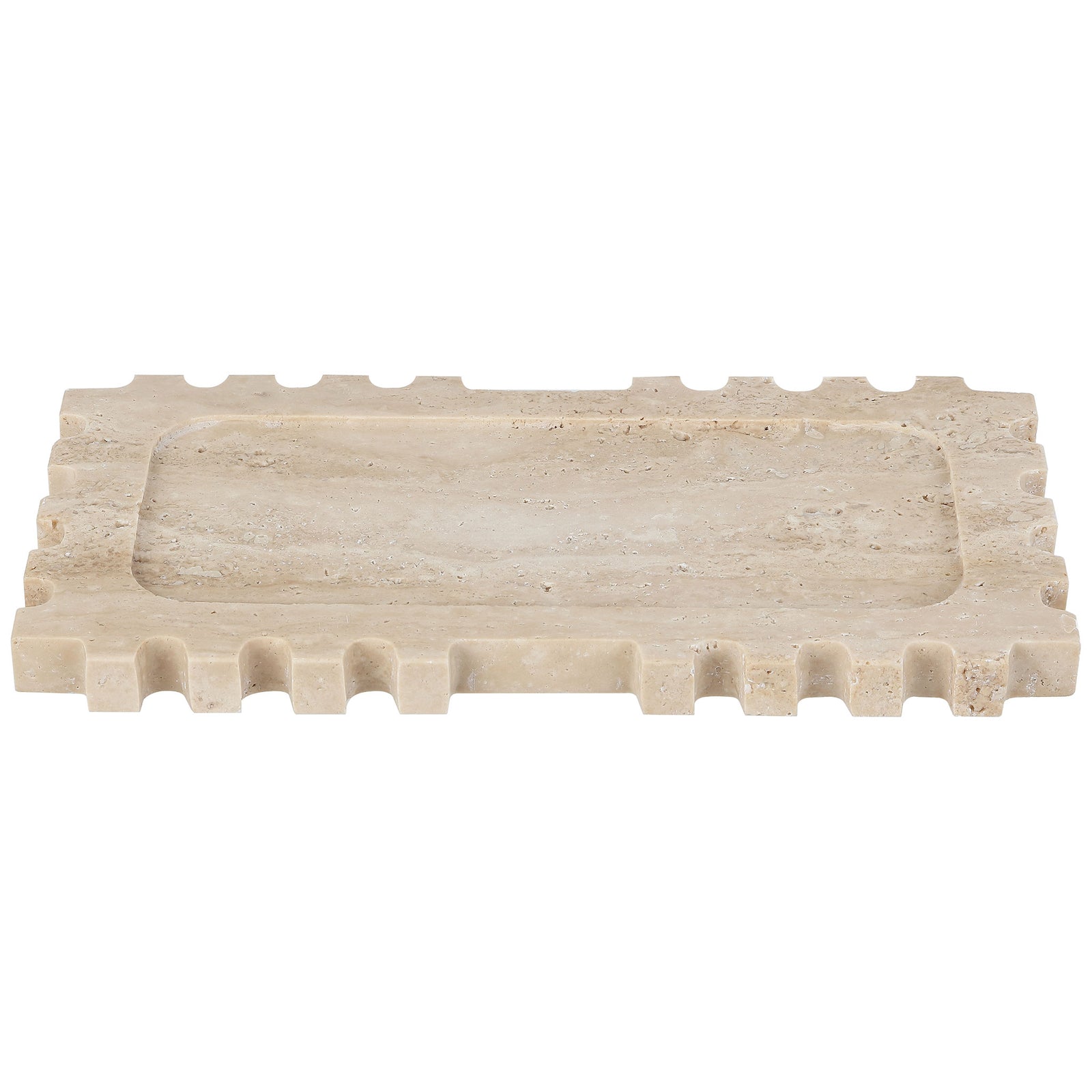 A shallow recessed surface and rhythmic notches give this tan travertine tray a sculptural look. || RDC4057A || front_studio