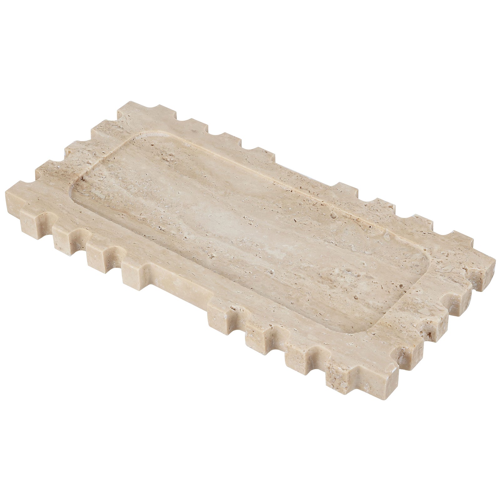 Warm tan travertine and a raised geometric rim make this rectangular tray a refined accent. || RDC4057A || front_angle_studio