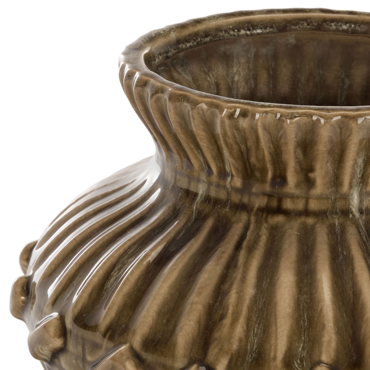 The taller brown vase has a flared rim and deep vertical fluting beneath its glossy reactive glaze. || RDC4058A-SET2 || detail_studio