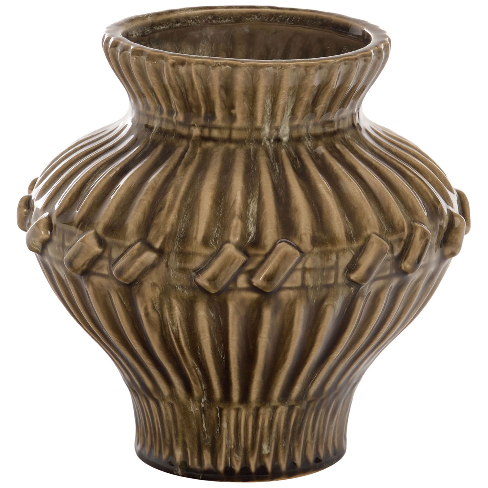The taller brown ceramic vase features a flared mouth, deep vertical ribs, and a band of raised accents. || RDC4058A-SET2 || front_partial_studio