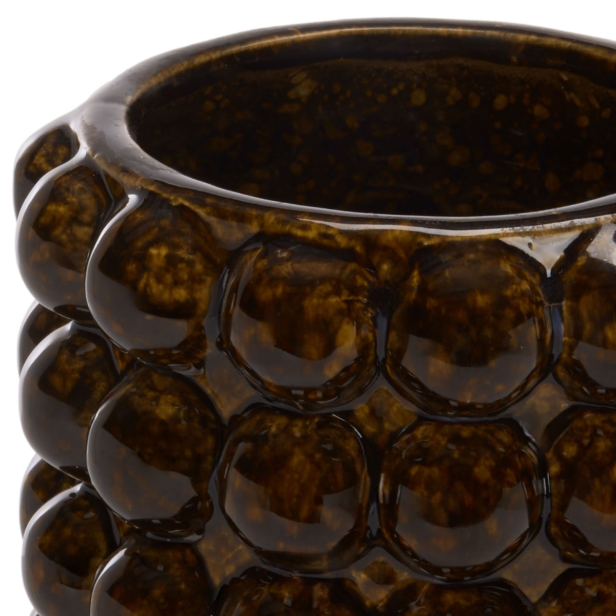 A rounded rim and raised ceramic beads showcase the glossy, mottled brown glaze. || RDC4061A-SET2 || detail_studio