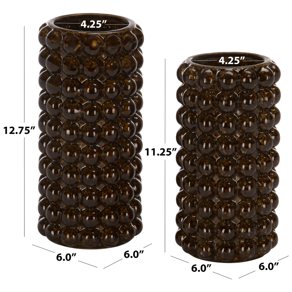 The beaded vases stand 12.75 and 11.25 inches tall, each with a 6-inch base and 4.25-inch opening.