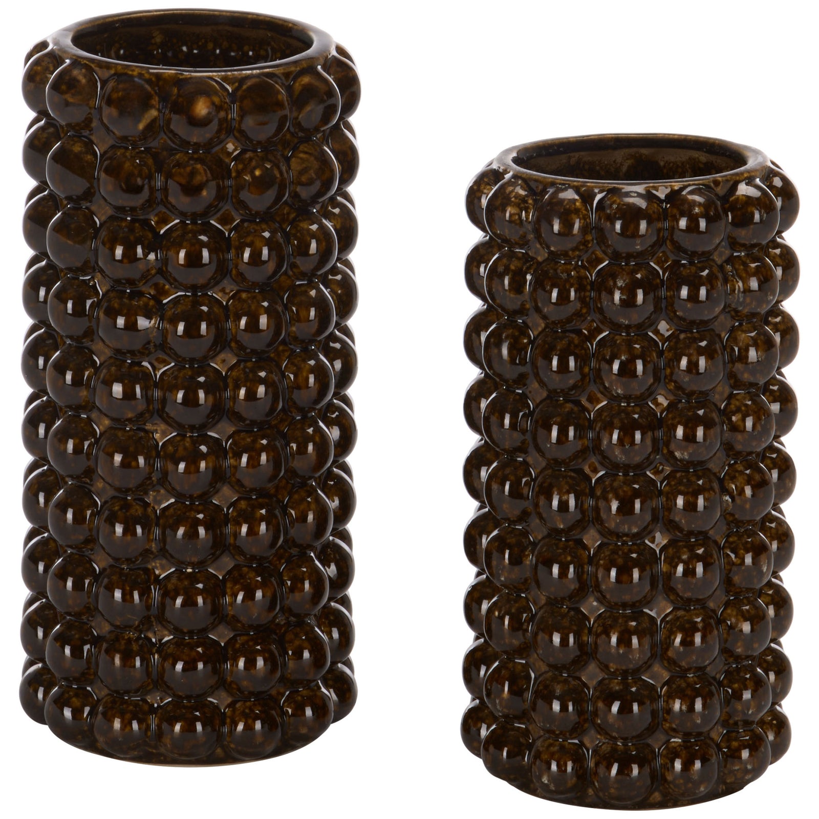 Two ceramic vases pair varied heights with glossy brown glaze and rows of raised beads. || RDC4061A-SET2 || front_studio