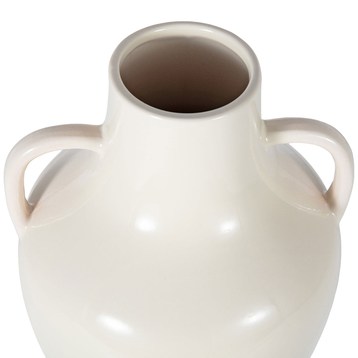 A wide opening and twin loop handles add sculptural detail to the glossy ivory ceramic vase.