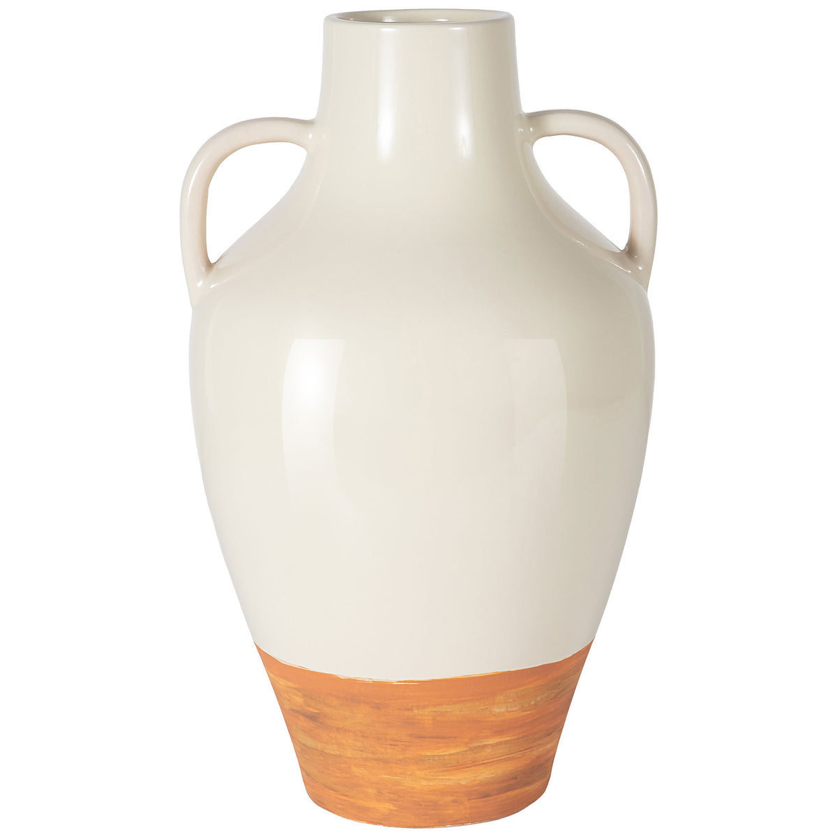 This tall ceramic vase features a glossy ivory body, light brown base, and two graceful loop handles. || RDC4062A || front_studio
