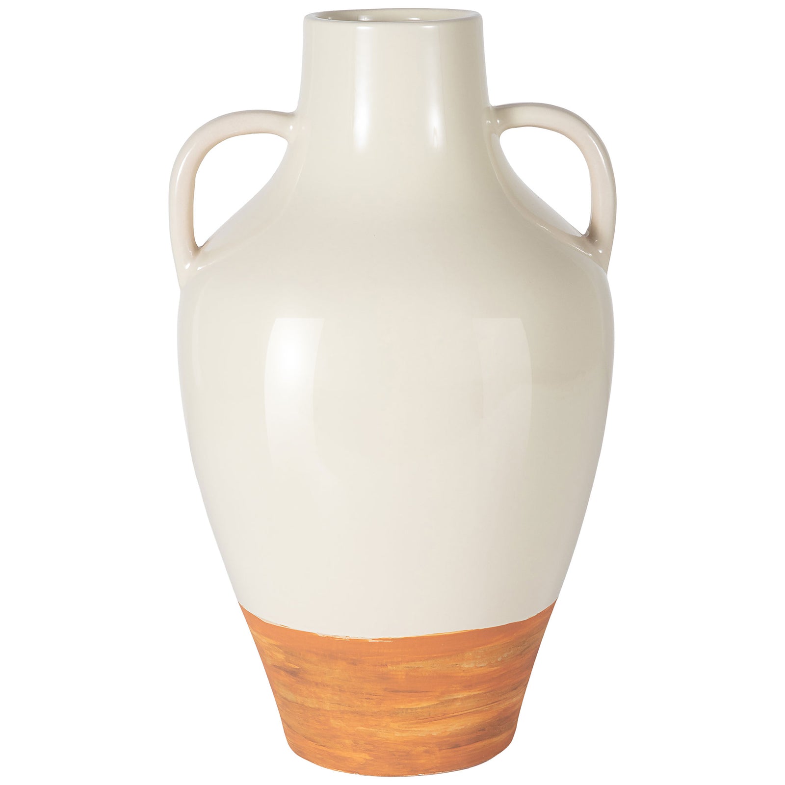 This tall ceramic vase features a glossy ivory body, light brown base, and two graceful loop handles. || RDC4062A || front_studio
