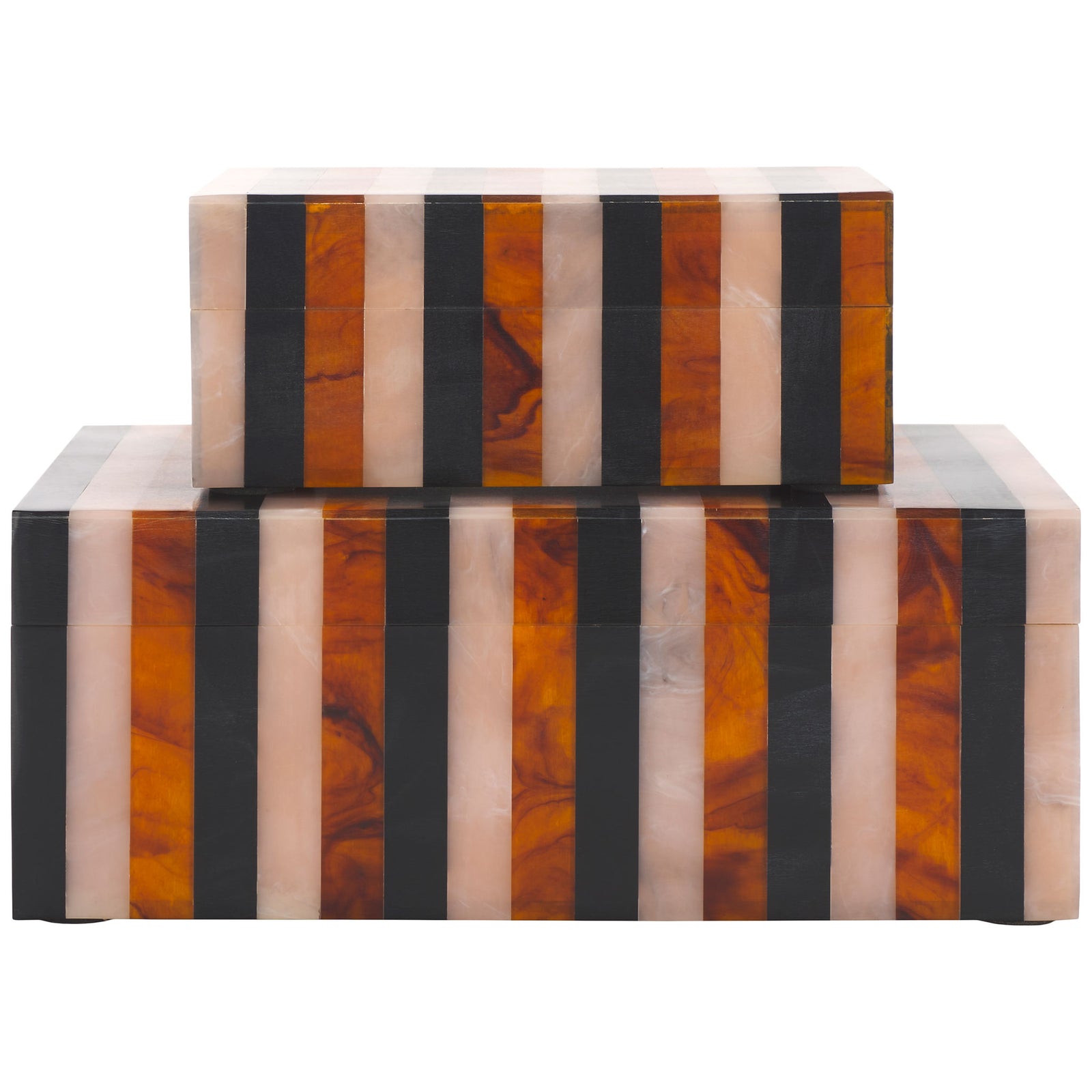 Two stacked decorative boxes pair black and pale blush stripes with rich brown graining || RDC5001A-SET2 || front_studio