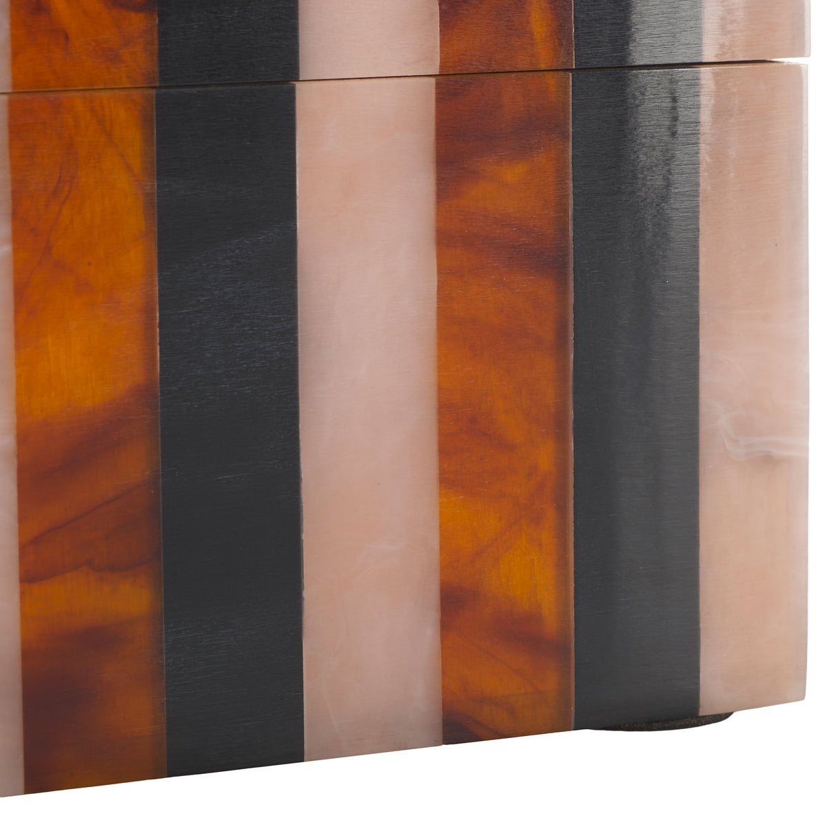 Brown woodgrain, black and pale blush bands extend to the box's lower edge