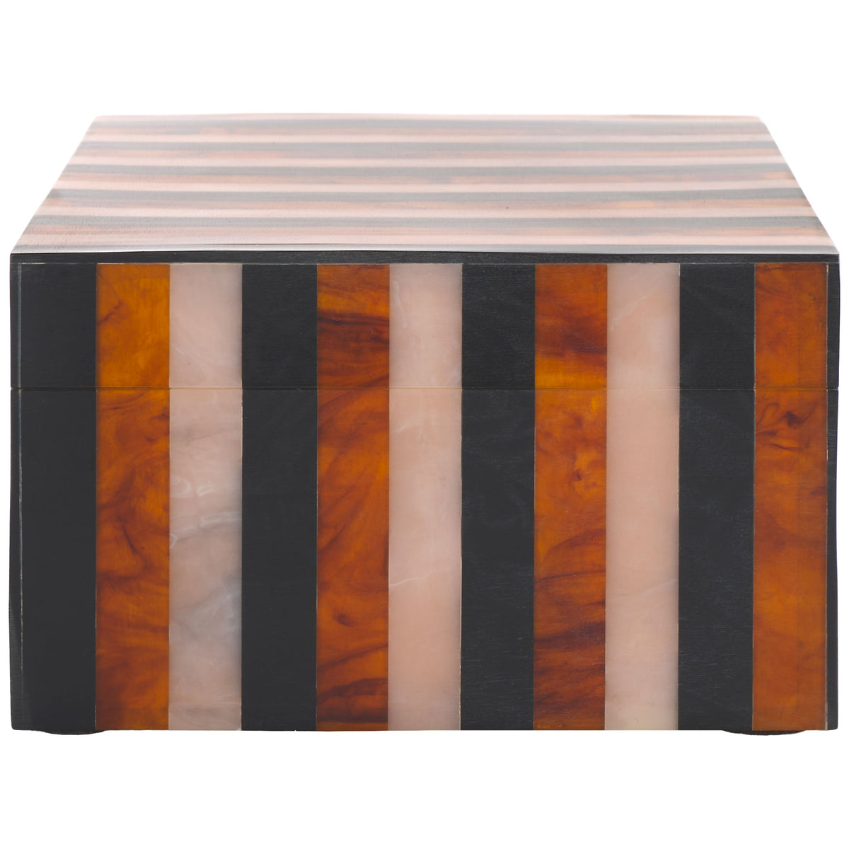 A wide storage box combines polished brown graining with crisp black and pale blush bands || RDC5001A-SET2 || front_angle_partial_studio