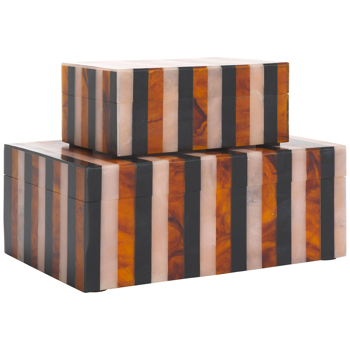 A small striped box stacks atop its larger companion, showing their matching polished finish || RDC5001A-SET2 || front_angle_studio