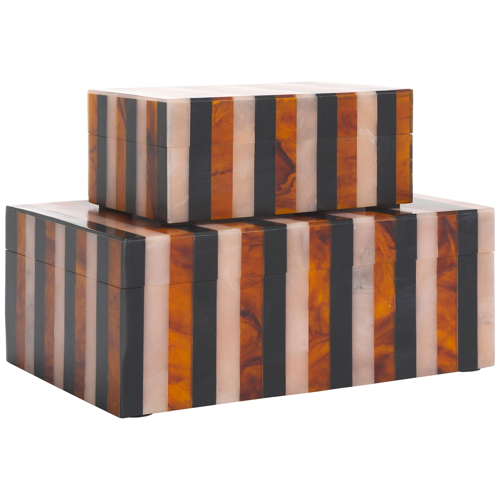 A small striped box stacks atop its larger companion, showing their matching polished finish || RDC5001A-SET2 || front_angle_studio