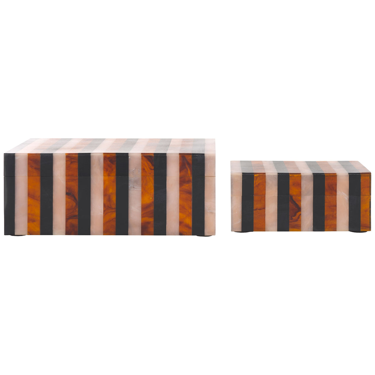 Two sizes of rectangular lidded boxes coordinate through black, brown and pale blush stripes || RDC5001A-SET2 || front_studio