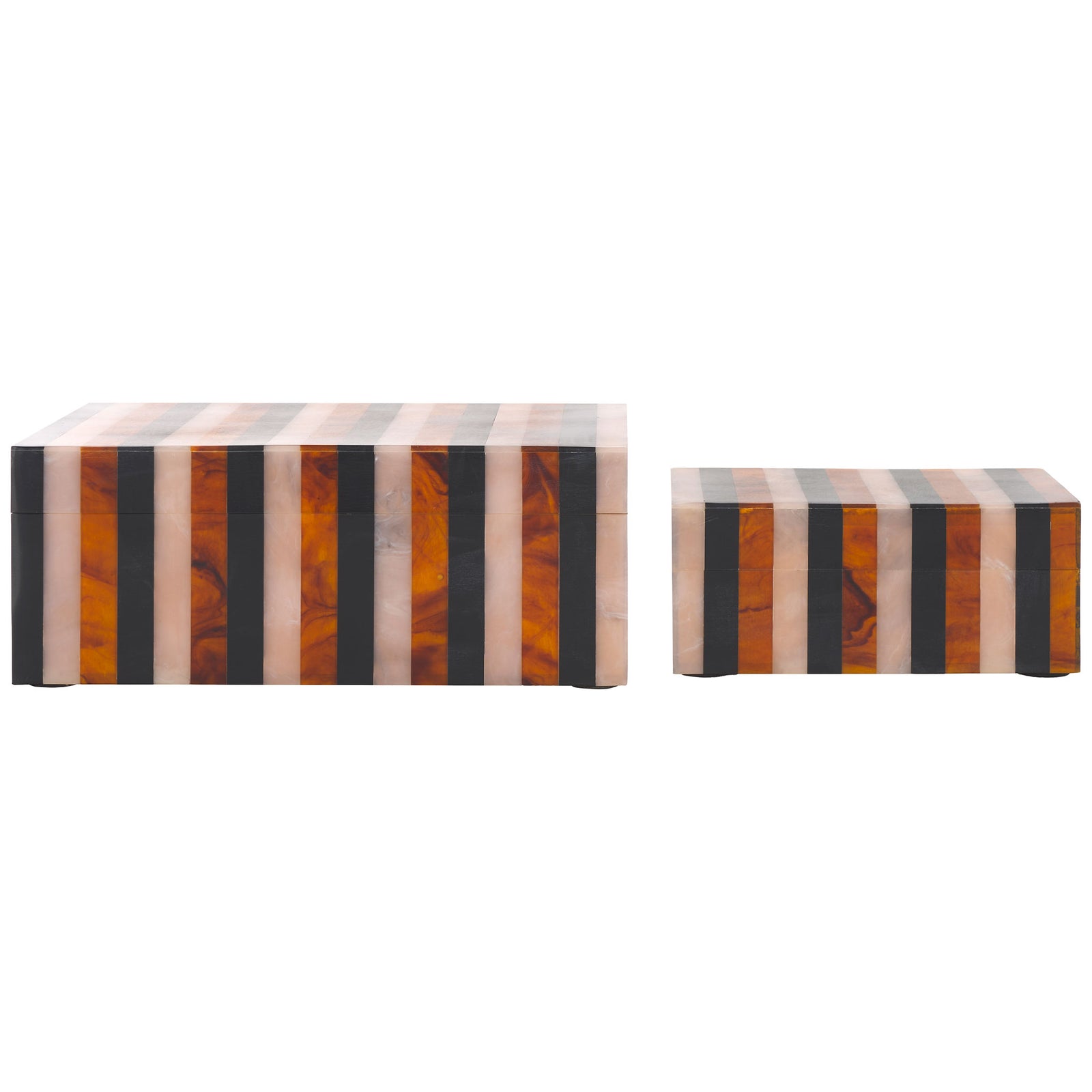 Two sizes of rectangular lidded boxes coordinate through black, brown and pale blush stripes || RDC5001A-SET2 || front_studio