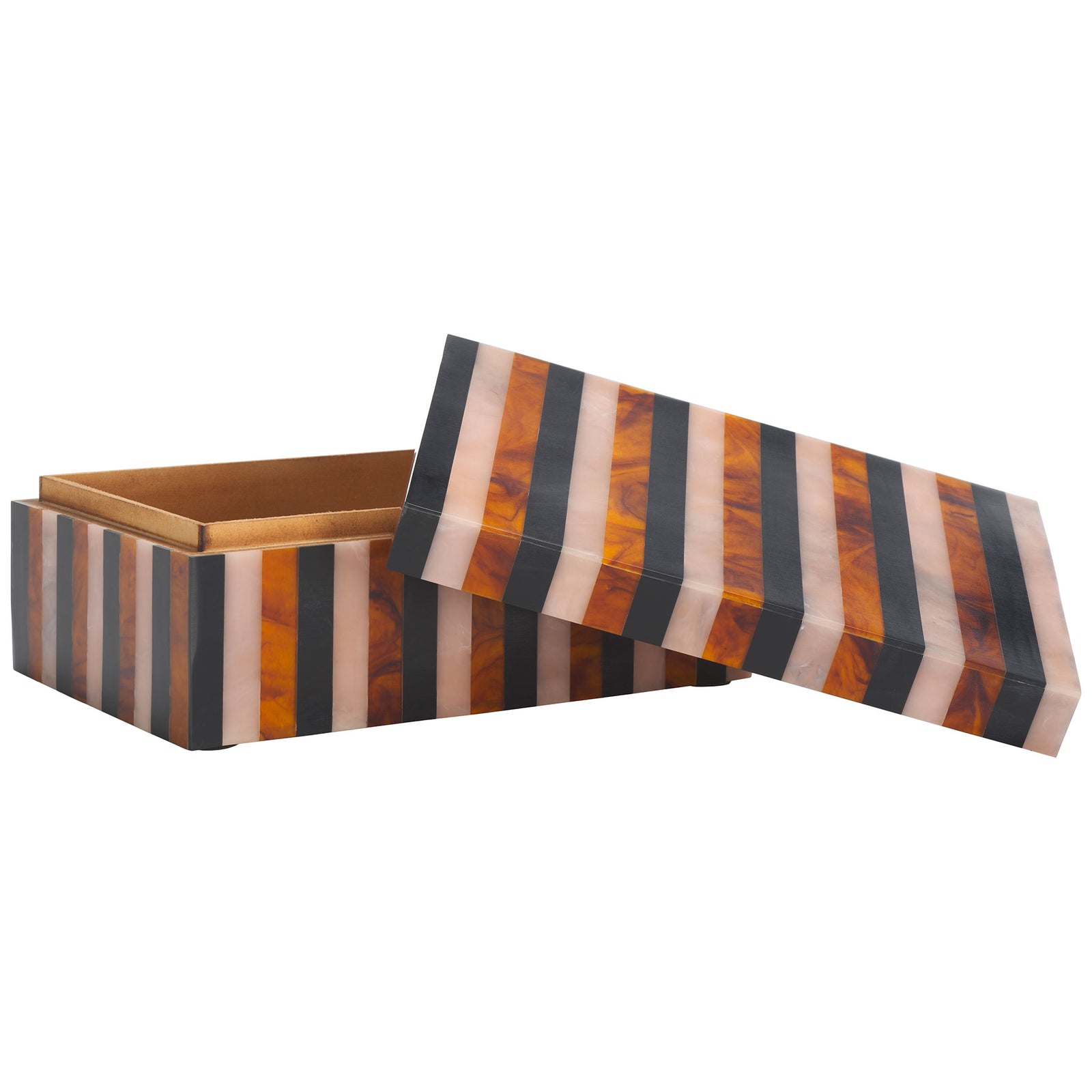 The striped lid lifts away to reveal a spacious storage compartment with a tan interior || RDC5001A-SET2 || front_angle_partial_open_studio