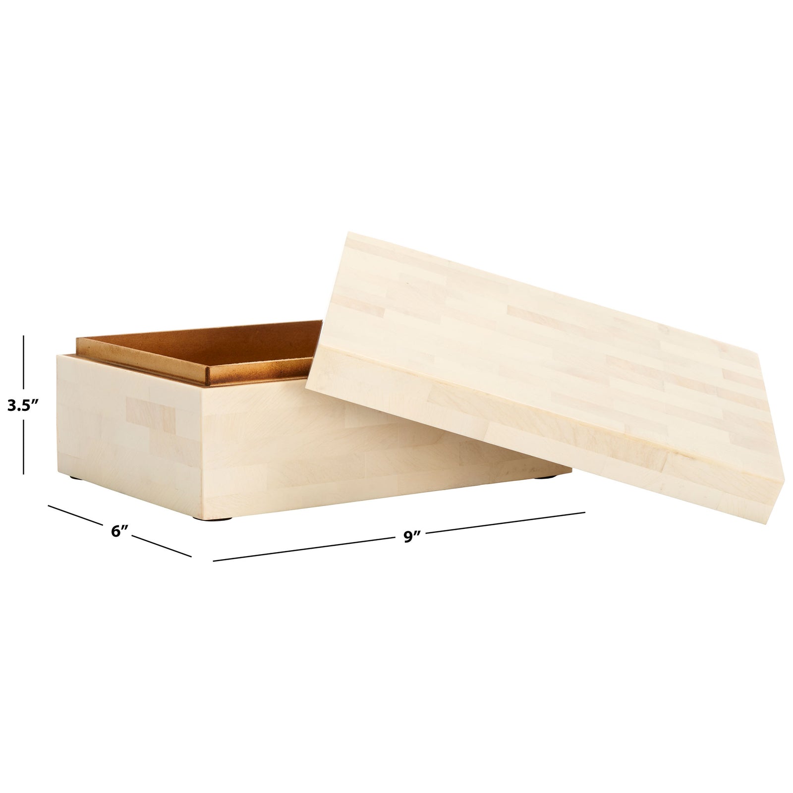 The larger ivory box measures 9 by 6 by 3.5 inches and opens to a rich brown lining. || RDC5002A-SET2 || dimension_studio