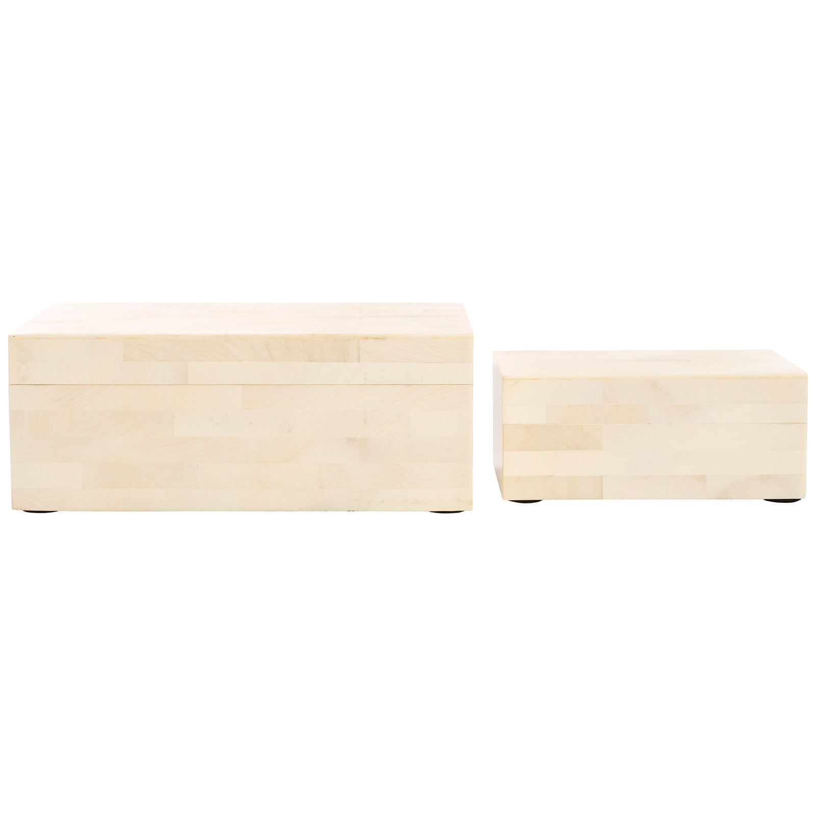 Two sizes of ivory storage boxes combine streamlined shapes with a softly varied faux-bone finish. || RDC5002A-SET2 || front_studio