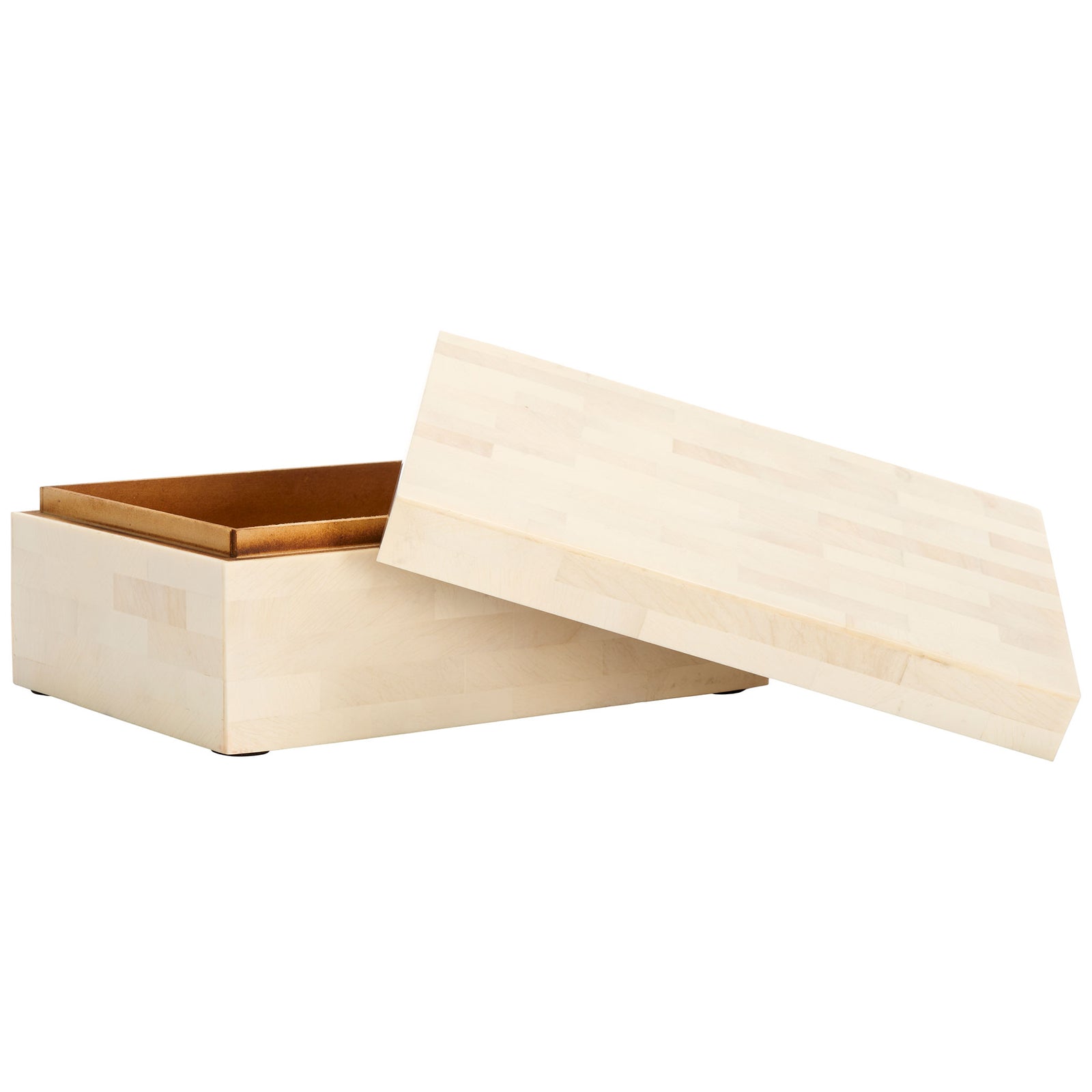 A removable ivory lid reveals the larger box's warm brown-lined interior for small keepsakes. || RDC5002A-SET2 || front_angle_partial_open_studio