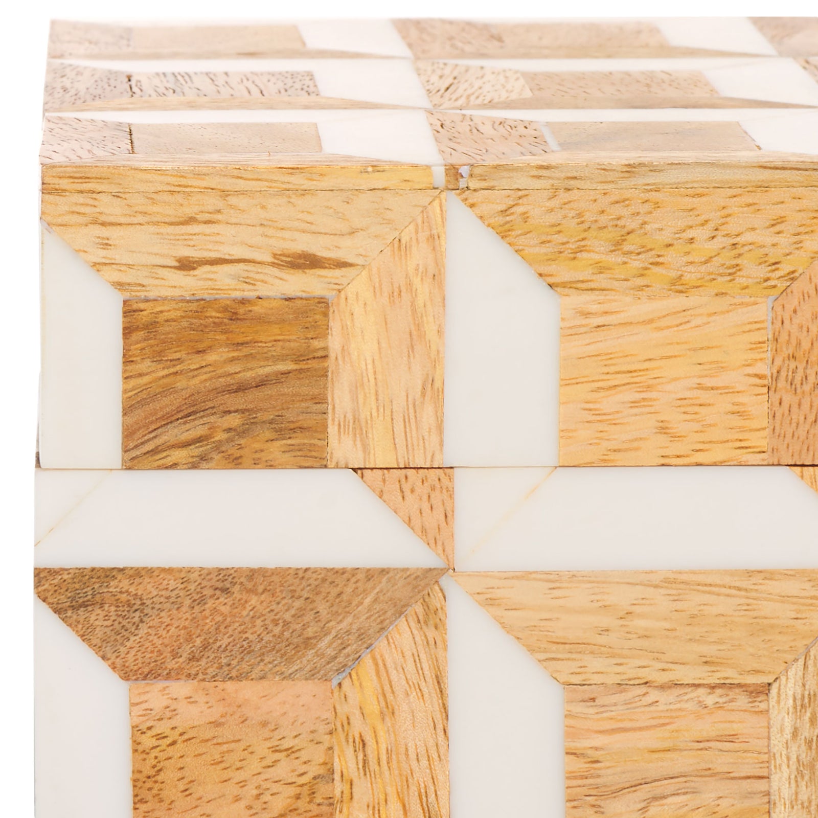 Angular mango wood pieces meet creamy ivory in a bold, dimensional geometric pattern. || RDC5003A-SET2 || detail_studio